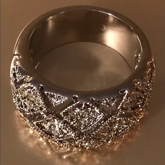 Silver CZ Diamond Pattern Wide Band Fashion Ring - Picture 3 of 5